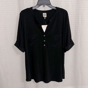 Anne Klein 2X Black Short Roll Up Sleeve Three Button Yoke Collar Jersey Top